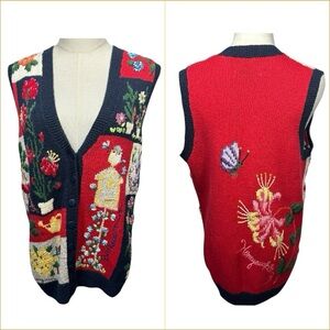 Vtg Marisa Christina Garden Hand-knitted Novelty‎ Vest S Cottage Floral Grandma